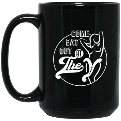 Eat Out At The Y Black Mug 15oz (2-sided)